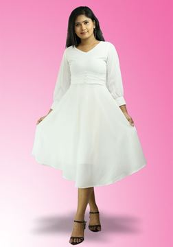 Picture of V-necked Long Puff Sleeves Flared Short Dress
