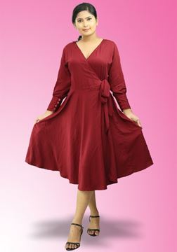 Picture of Long Puff Sleeves Cross Over Short Dress with Belt