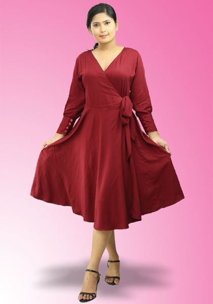 Picture of Long Puff Sleeves Cross Over Short Dress with Belt