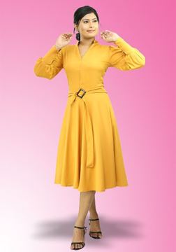 Picture of Plain Long Puff Sleeves Short Dress with Belted Buckle