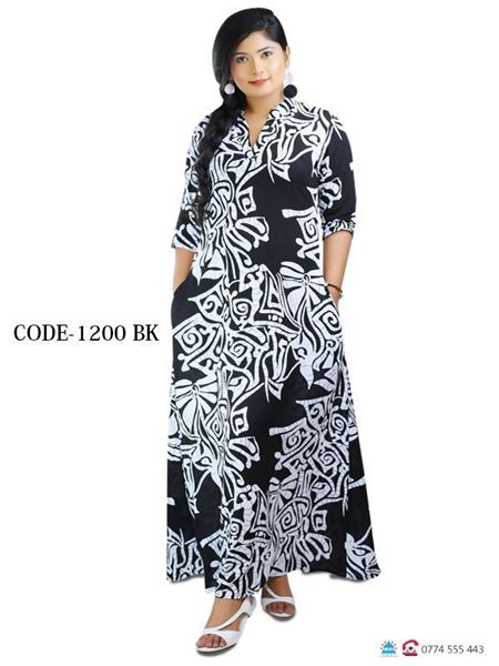 Picture of Chinese Collared Three Quarter Sleeves Printed Designed A-line Maxi Dress