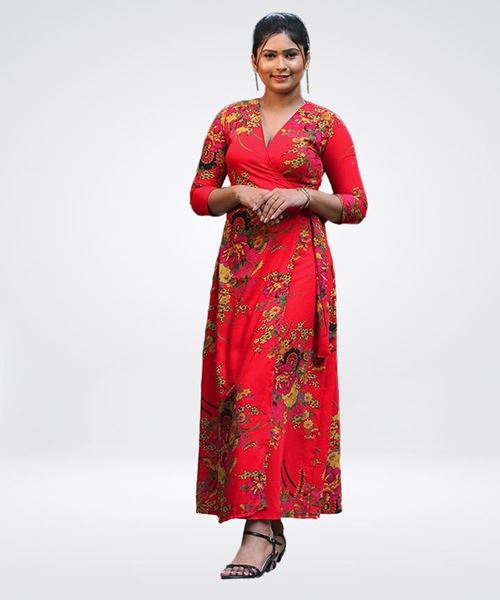 Picture of Floral Designed Side Knoted Maxi Dress with Three quarter Sleeves