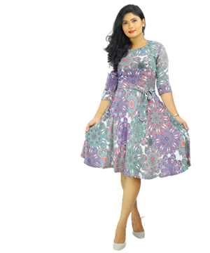 Picture of Floral Designed Three Quarter Sleeve Midi Dress